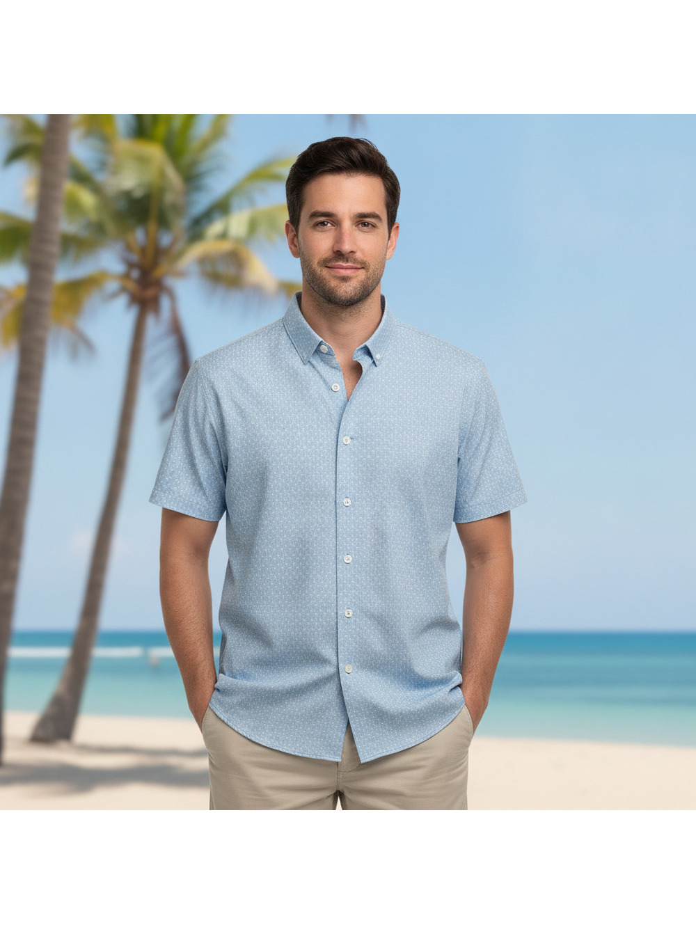 Bugatchi Men's Light Blue Short Sleeve Button-Up Shirt with Stretch